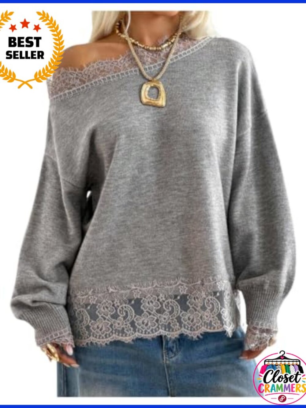 Lace Off Shoulder Sweater Long Sleeve Knit Top Loose Fit - Picture 1 of 4